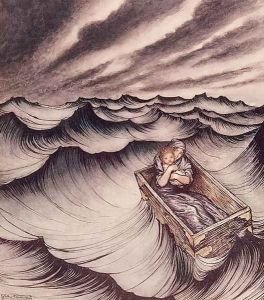 Danae and her son Perseus put in a chest and cast into the sea, 1914 by Arthur Rackham