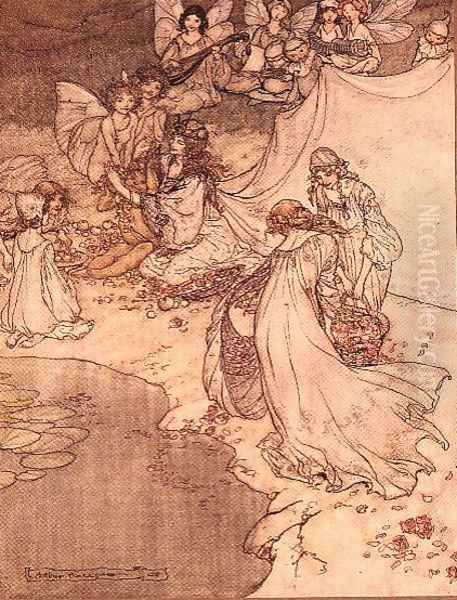Illustration for a Fairy Tale, Fairy Queen Covering a Child with Blossom - view 1