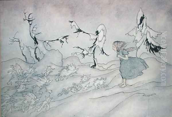 Gerda is terrified by the Snow Queens advance guard, but she said Our Father and is rescued by little bright angels, illustration from The Snow Queen by Hans Christian Andersen, published 1932 - view 1