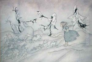 Gerda is terrified by the Snow Queens advance guard, but she said Our Father and is rescued by little bright angels, illustration from The Snow Queen by Hans Christian Andersen, published 1932 by Arthur Rackham