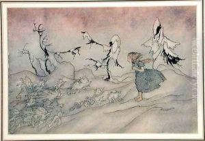 Gerda is terrified by the Snow Queens advance guard, but she said Our Father, illustration from The Snow Queen by Hans Christian Andersen, published 1932