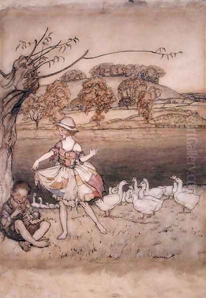 Tattercoats dancing while the gooseherd pipes, illustration from English Fairy Tales, retold by F.A. Steel, published 1918 - view 1