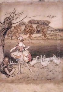 Tattercoats dancing while the gooseherd pipes, illustration from English Fairy Tales, retold by F.A. Steel, published 1918