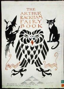 An Owl, a Witch and her Cat, front cover for The Arthur Rackham Fairy Book, published 1933 by Arthur Rackham