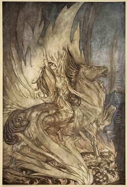 Brunnhilde on Grane leaps on to the funeral pyre of Siegfried, illustration from Siegfried and the Twilight of the Gods, 1924 - view 1