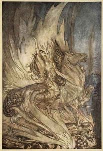 Brunnhilde on Grane leaps on to the funeral pyre of Siegfried, illustration from Siegfried and the Twilight of the Gods, 1924 Brunnhilde on Grane leaps on to the funeral pyre of Siegfried, illustration from Siegfried and the Twilight of the Gods, 1924