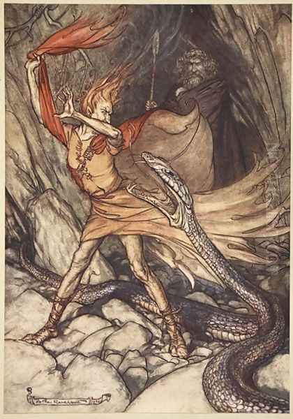 Ohe Ohe Horrible dragon, O swallow me not Spare the life of poor Loge, illustration from The Rhinegold and the Valkyrie, 1910 - view 1