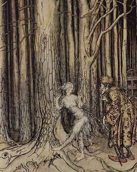 At last she met the bridegroom who was slowly coming back, illustration for Fitchers Bird, from Little Brother, Little Sister, by the Brothers Grimm, 1917 - view 1