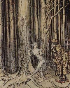 At last she met the bridegroom who was slowly coming back, illustration for Fitchers Bird, from Little Brother, Little Sister, by the Brothers Grimm, 1917 by Arthur Rackham