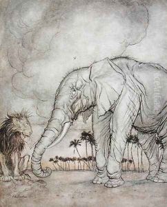 The Lion, Jupiter and the Elephant, illustration from Aesops Fables, published by Heinemann, 1912 by Arthur Rackham