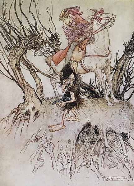 The Knight Hulbrand with a gnome, illustration for the tale Undine by baron de la Motte Fouque, 1909 by Arthur Rackham