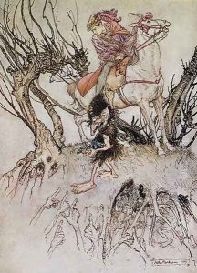The Knight Hulbrand with a gnome, illustration for the tale Undine by baron de la Motte Fouque, 1909 by Arthur Rackham