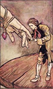 Original watercolour illustration for Gullivers Travels by Swift, Gulliver in Brobdingnag, 1909 by Arthur Rackham
