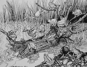 King Log, illustration from Aesops Fables, published by Heinemann, 1912