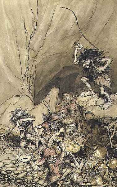 Alberich drives in a band of Nibelungs laden with gold and silver treasure, an illustration from The Rheingold and the Valkyrie by Richard Wagner 1813-83 pub. 1910 - view 1