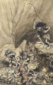 Alberich drives in a band of Nibelungs laden with gold and silver treasure, an illustration from The Rheingold and the Valkyrie by Richard Wagner 1813-83 pub. 1910 by Arthur Rackham