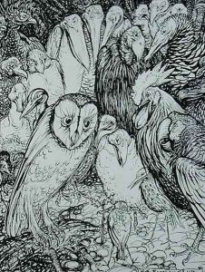 The Owl and the Birds, illustration from Aesops Fables, published by Heinemann, 1912