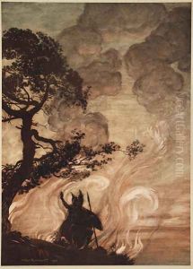As he moves slowly away, Wotan turns and looks sorrowfully back at Brunnhilde, illustration from The Rhinegold and the Valkyrie, 1910 by Arthur Rackham