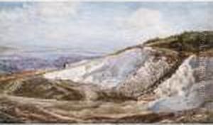 A Figure Climbing A Hill With A Distant View Beyond A Figure Climbing A Hill With A Distant View Beyond