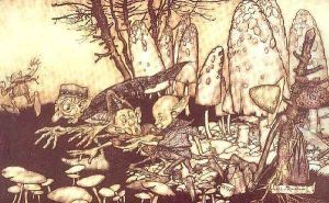 A band of workmen, who were sawing down a toadstool, rushed away, leaving their tools behind them from Peter Pan in Kensington Gardens by J.M. Barrie, 1906 by Arthur Rackham