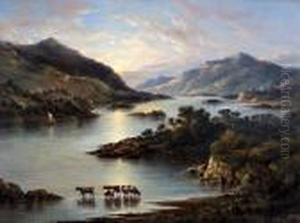 River Landscape With Inlet And Cattle Watering - view 1