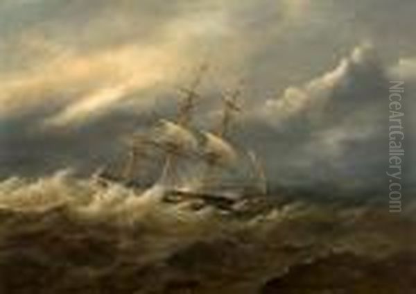 Rigged Ship In Rough Seas - view 1