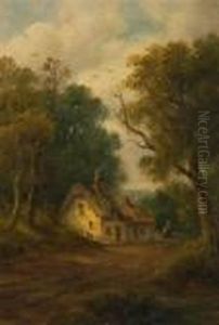 Figures And Cottage In A Wooded Lane by John Moore Of Ipswich
