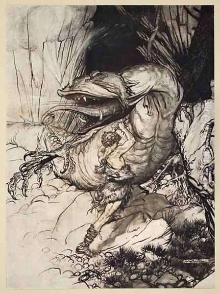 Siegfried kills Fafner, illustration from Siegfried and the Twilight of the Gods, 1924 - view 1
