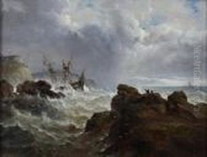 Shipwreck On A Stormy Coastline by John Moore Of Ipswich