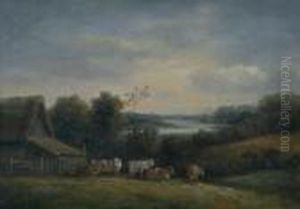 Cattle Beside A Barn In A River Landscape, Signed, Oil On Panel
