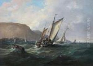 Fishing Boats In Choppy Seas Off A Port by John Moore Of Ipswich