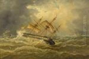 Rigged Ship In Rough Seas by John Moore Of Ipswich