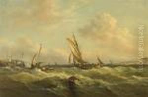 Fishing Vessles Off A Coastline by John Moore Of Ipswich