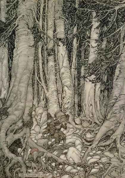 In the Forest with a Barrel from Rip Van Winkle written by Washington Irving 1783-1859, 1905 by Arthur Rackham