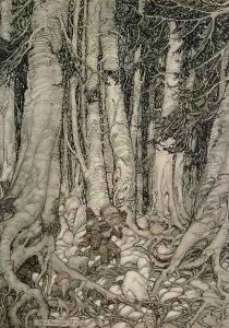 In the Forest with a Barrel from Rip Van Winkle written by Washington Irving 1783-1859, 1905 by Arthur Rackham