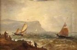 Signed, Oil, Coast View With Figure Folk On Rocks And In Boats, 5 Signed, Oil, Coast View With Figure Folk On Rocks And In Boats, 5