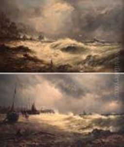 Stormy Coastal View With Figures And Boats In Harbour Withtown Beyond by John Moore Of Ipswich
