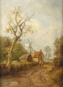 Country Lane With Windmill by John Moore Of Ipswich
