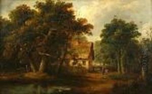 Figures Before A Thatched Cottage In Woodland