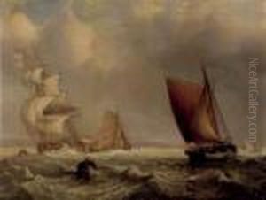 Fishing Boats Off A Coast by John Moore Of Ipswich