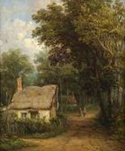 Figures On A Path By A Woodland Cottage by John Moore Of Ipswich