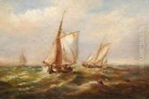 Fishing Boats On Blustery Seas by John Moore Of Ipswich