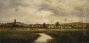 Cattle In A Field With Houses And Church Beyond