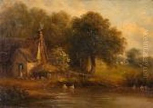 Ducks On A Pond By A Woodland Cottage