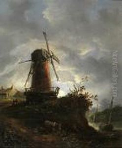 A Moonlit Landscape Scene With Figures And Donkeys By A Windmill With River Beyond A Moonlit Landscape Scene With Figures And Donkeys By A Windmill With River Beyond