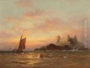 Boat Off A Rocky Coast by John Moore Of Ipswich