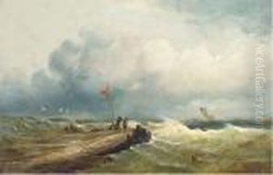 Windswept Figures On A Jetty Looking Out To Sea by John Moore Of Ipswich