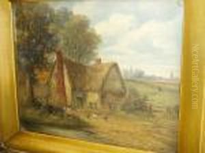 Thatched Cottage With Chickens by John Moore Of Ipswich