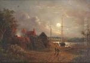 Figures Walking Towards A Moored Boat At Dusk by John Moore Of Ipswich