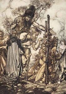 Fafner Hey Come hither, And stop me this cranny, illustration from The Rhinegold and the Valkyrie, 1910 by Arthur Rackham